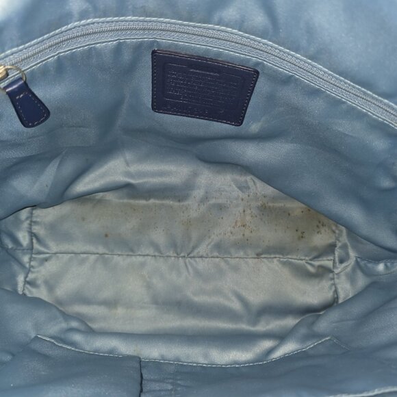 Coach Leah Embossed Patent Leather Tote Bag Navy Blue Tan Trim Turnlock Shoulder - Picture 6 of 16